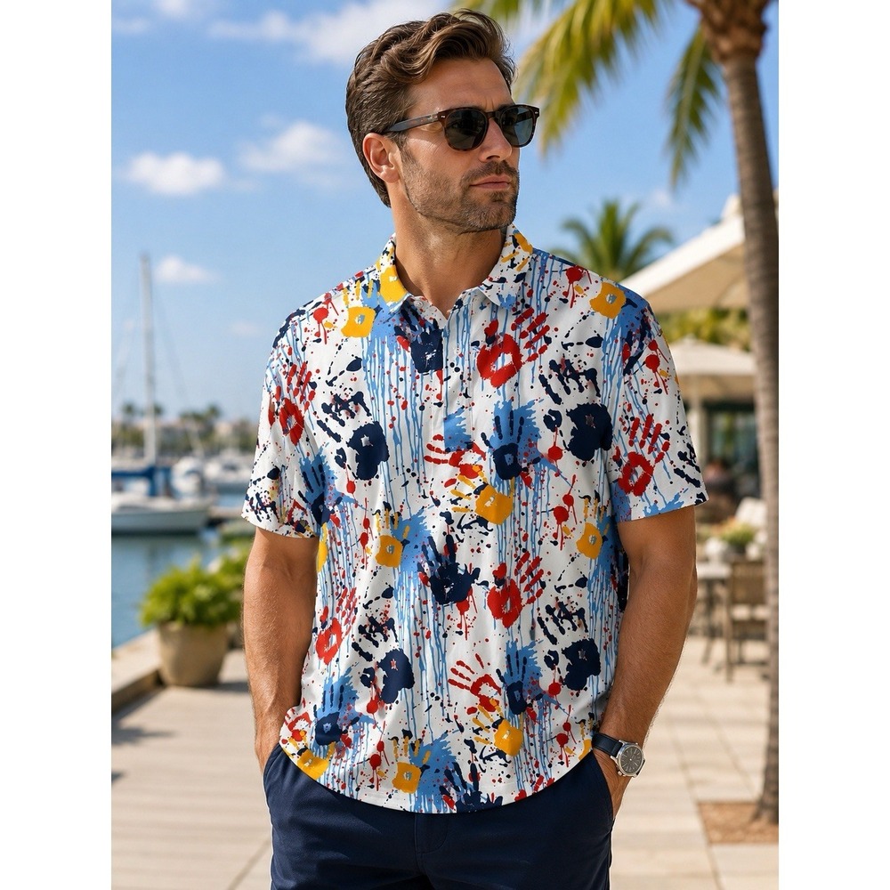 HRESKI Men's XL Performance Polo Paint Splatter Stretch Golf Top -3356